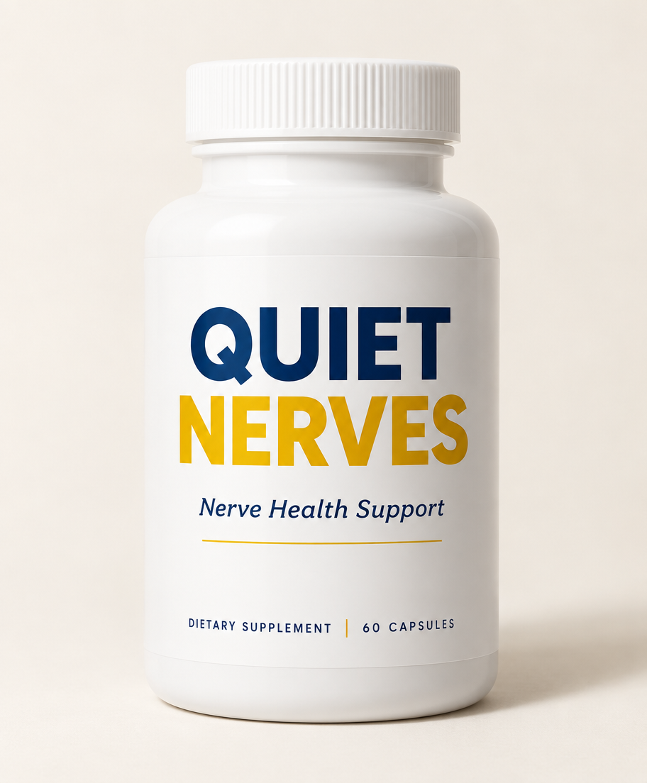 Quiet Nerves supplement bottle, white with navy and gold labelling